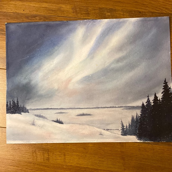 Unframed Original Art Watercolour Painting Aurora Borealis w Trees Ice & Snow - Picture 1 of 5